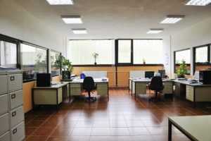 bright empty office indoor with computers after commercial cleaning