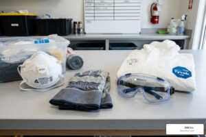 Essential personal protective equipment (PPE) including N95 masks, heavy-duty gloves, and goggles - help cleaning out a
