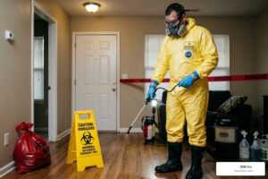 crime scene cleaner in full protective gear - crime scene cleaner requirements