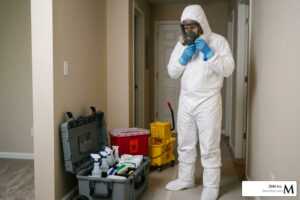 crime scene cleanup technician in full biohazard PPE preparing for work