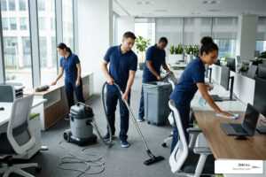professional commercial cleaning team maintaining open workspace
