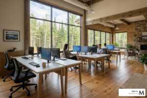 A clean, modern commercial office space in Northwoods WI with polished floors and sanitized desks