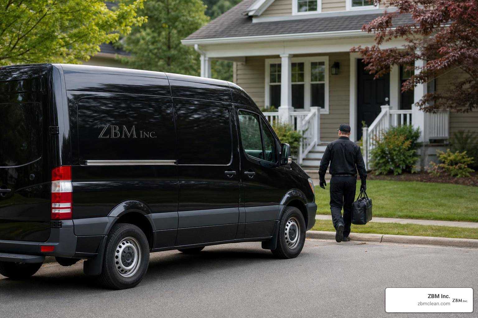 discreet service vehicle outside a Lake Mills home