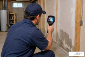 Technician using thermal imaging camera to detect moisture behind drywall