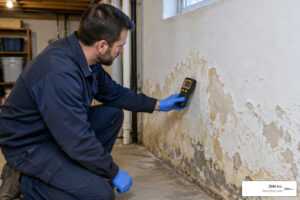 technician inspecting a damp wall