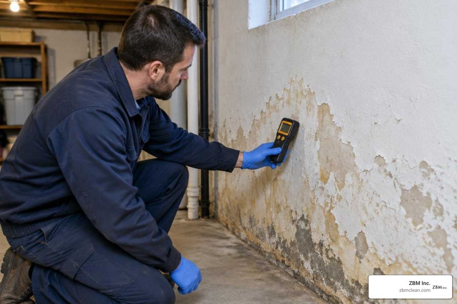 technician inspecting a damp wall