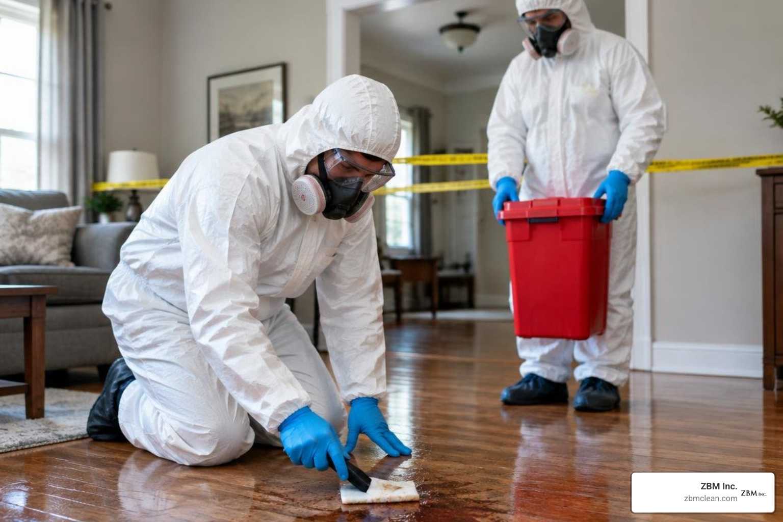 crime scene cleanup technicians in protective gear
