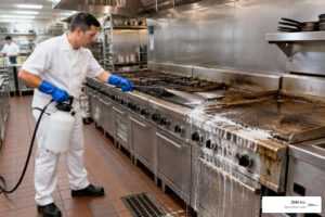 commercial kitchen technician degreasing cooking line equipment