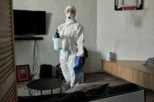 disinfection technician cleaning an office